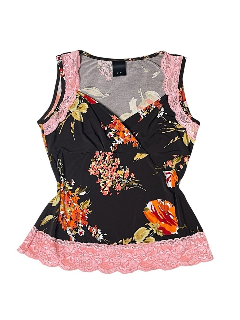 Y2K j.t.b. Floral Print Lace Trim Mock Wrap V Neck Top L Pink Brown Boho Spring - Picture 2 of 15